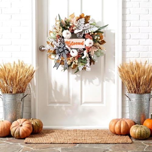 Fall Wreath for Front Door,Autumn Harvest Porch Decor,22inch Blessed Fall Door Wreaths with White Pumpkin,thanksgving Farmhouse Decoration with Ribbon Bow for Indoor Outdoor, Front Door Wreaths - Image 4
