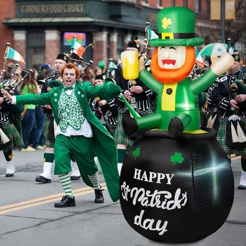 B&D 6FT St Patricks Day Inflatables Outdoor Decorations, Blow Up Leprechaun Holds Beer Cup Sitting on Pot of Gold Built-in LED Lights, St Patricks Day Decorations for Irish Day Yard Garden Lawn Decor - Image 4