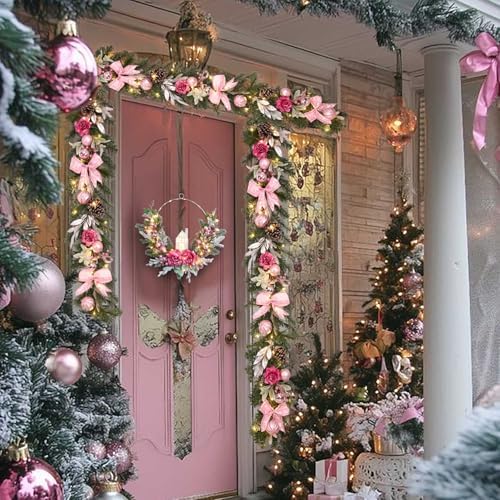 6 feet Christmas Pink Garland for Front Door with 30 LED Lights,Festive Lighted Holiday Decor,prelit Mantel Garland withTimer,Stair and Fireplace Pink Rose Decoration for Christmas and Wedding - Image 3
