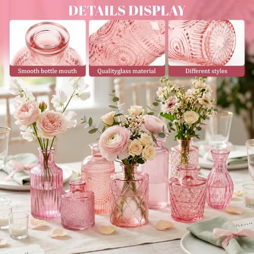 15 Pcs Pink Glass Bud Vases Bulk, Vintage Small Flower Vase Set - Image 3