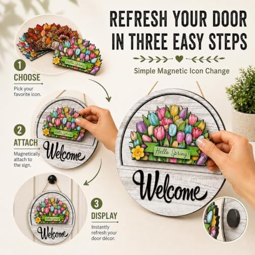 Interchangeable Welcome Sign for Front Door - 11.8'' Magnetic Seasonal Wood Hanging Sign with 16 Magnetic Icons, Interchangeable Door Sign for Home House Warming Gifts，1PC - Image 5