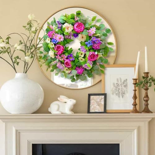 Spring Wreaths for Front Door Outside 24 Inch Spring Door Wreath with Pink Peony,Rose and Blue Hydrangeas, Handmade Silk Summer Wreaths for Front Door Home Wall Window Proch Seasonal Decor - Image 5