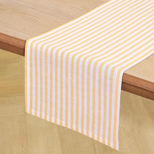Solino Home 100% Linen Table Runner, 14 x 72 in, Mustard and White Striped - Image 2