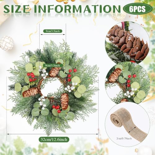 6 PCS Christmas Mini Cabinet Wreath for Kitchen with Ribbon Artificial Eucalyptus Cedar Hanging Garland with Red Berries Pine Cones for Swag Table Centerpiece Door Window Chair Wall Winter Decor - Image 3