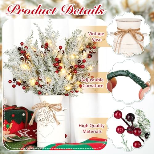 Christmas Table Decorations Set with 5 Pcs 20" Christmas Artificial Pine Branches with Red Berry Stems,White Iron Vase, LED String Lights, Snowflake Wood Chips and Hemp Rope for Xmas Winter DIY Decor - Image 3