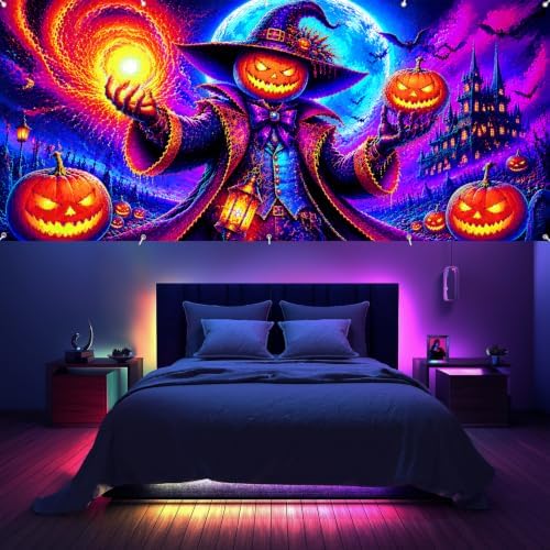 7x16ft Blacklight Halloween Garage Door Banner Decorations, Glow in The Dark Evil Pumpkin Wizard Castle Large Garage Door Cover Background, UV Reactive Halloween Outdoor Wall Backdrop Party Supplies - Image 7