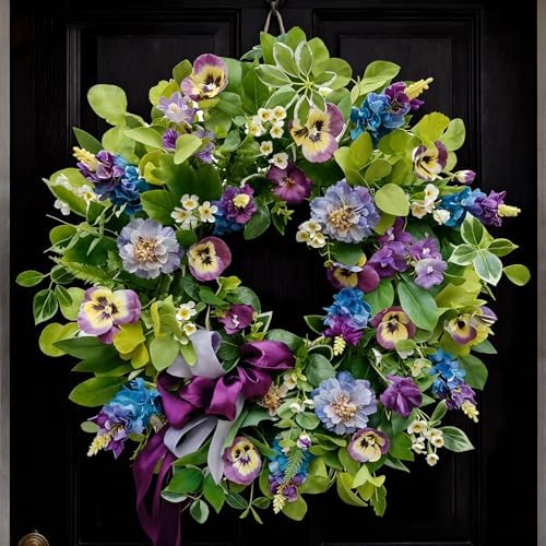 Spring Summer Wreaths for Front Door 24 Inch, Outdoor Summer Wreath with Pansy, Hydrangea & Floral Accents, Spring Wreath for Front Door Outside, Summer Wreaths Front Door for Home Decor by SoomeirWreath