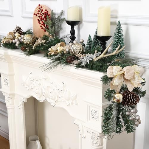 Garvee 6 Feet Christmas Garland with Lights for Mantle, Battery Operated Outdoor Christmas Garlands with Antlers Gold Balls, Prelit Garland Decorations for Fireplace Stair Railing TV Stand - Image 2