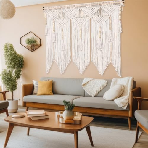 Buryeah 43 x 39 Inch Large Macrame Wall Hanging Boho Tapestry Macrame Wall Decor Cotton Tassel Macrame Curtain Beige Stylish Bohemian Wall Art for Home Living Room Bedroom Dorm Wedding - Image 4