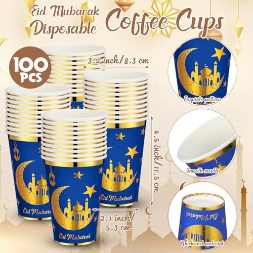 Domensi 100 Pack Eid Mubarak Paper Cups Gold Foil Disposable, Blue - Image 2
