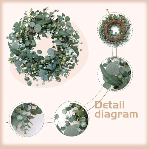 22" Eucalyptus Wreath, Year Round Wreaths for Front Door, Spring Summer Wreath with Green Faux Eucalyptus, All Seasons Evergreen Decor for Inside Farmhouse Festival Celebration Party - Image 2