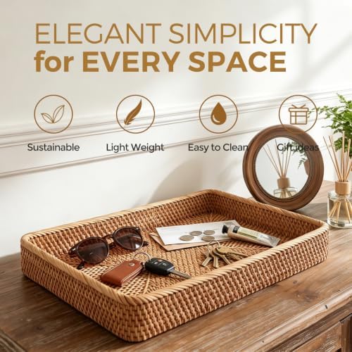 Rattan Serving Tray, Woven Wicker Rectangle Tray Basket for Organizing - Image 6