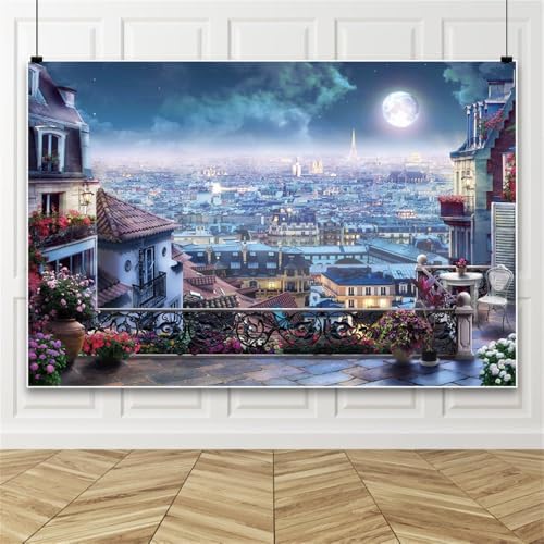 Leowefowa Downtown Cityscape Background 10x6.5ft City Balcony Backdrops for Photoshoot Cityscape Photography Backdrop City Moonlight Photo Props Downtown Balcony Backdrops for Parties Vinyl by Leowefowa