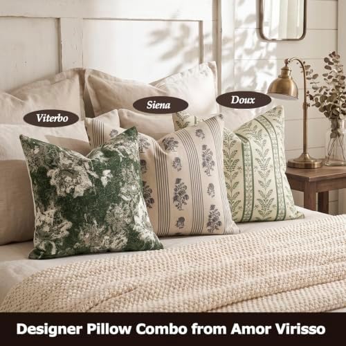 Amor Virisso Floral Throw Pillow Covers 22x22 Set of 2 Block Print Pillow Covers Neutral Floral Striped Farmhouse Decorative Pillow Covers for Sofa Couch Bed, Dusty Green - Image 5