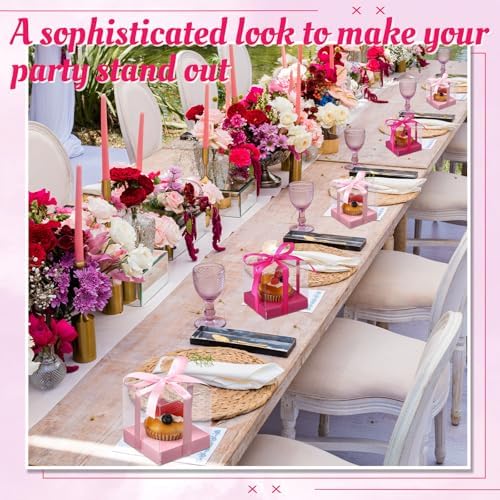 Gerrii 100 Pcs Clear Plastic Individual Cupcake Boxes 3.5" Single Cupcake Containers Transparent Ornament Gift Box with Inserts and Ribbon for Wedding Baby Shower Party Favor(Pink and Hot Pink) - Image 4