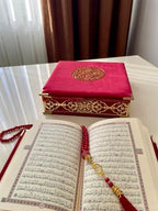 Velvet Covered Quran and Pearl Tasbih in Wooden Decorative Box | Islamic Gift Set | Muslim Eid Ramadan Gift (Claret Red) - Image 3