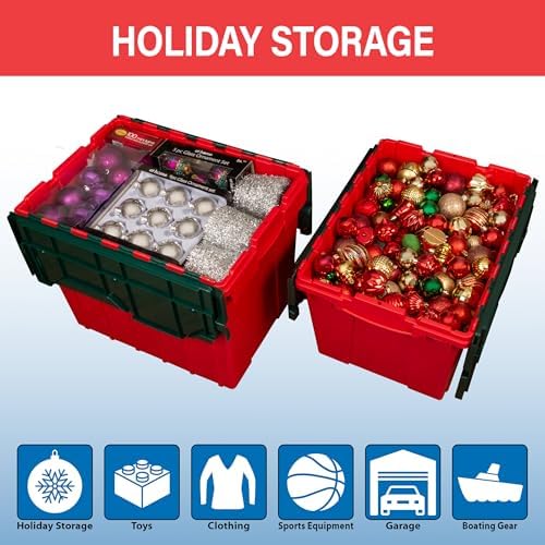 Akro-Mils KeepBox 18 Gal Storage Box, Lid Attached, Stackable, Red/Green - Image 4