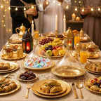 Potchen 1 Pcs Ramadan Tray Decor Eid Mubarak Date Holder with Clear Dome Lid Mardi Gras Serving Tray 6.69" Metal Gold Eid Al-fitr Dessert Container for Nuts Baklava Samosa Halva Candies Cookies - Image 5