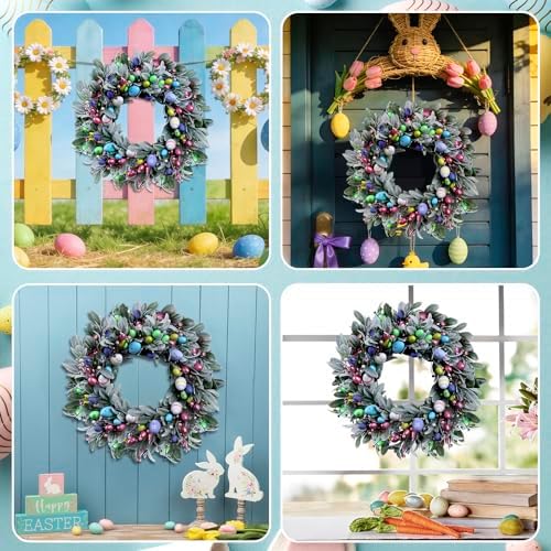 22'' Easter Wreaths for Front Door, Spring Door Wreath with Pastel Eggs, Glitter Eggs, Berries & Silk Lambs Ear Leaves, Artificial Easter Decor Garland for Indoor Outdoor Porch Wall Home Decorations - Image 6