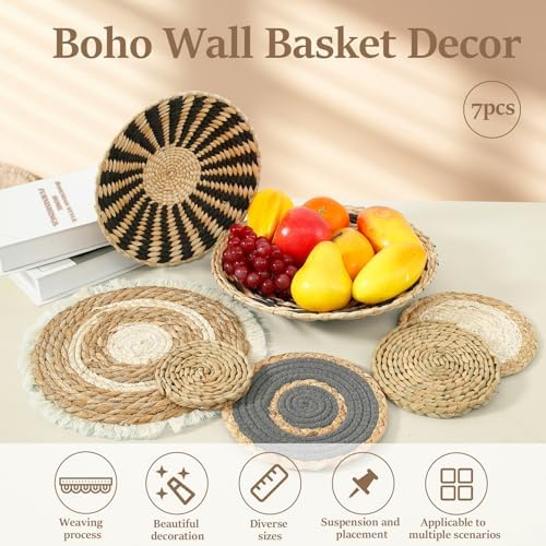 7 Pack Boho Wall Basket Decor,Seagrass Rattan Wicker Boho Wall Decor,Hanging Woven Wall Basket Decor,Round Flat Seagrass Baskets Wall Art, Round Wall Art for Farmhouse Bedroom Living Room Display - Image 2