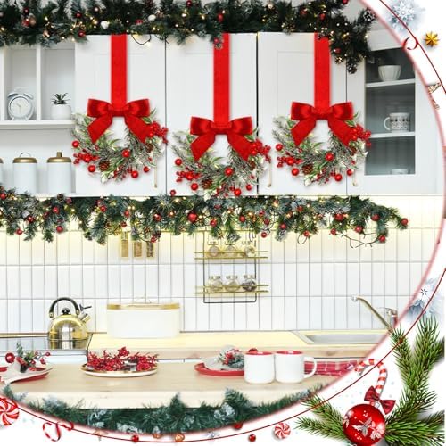 Dingion 6 Pcs 6" Christmas Mini Cabinet Wreaths for Kitchen with Ribbon - Image 3