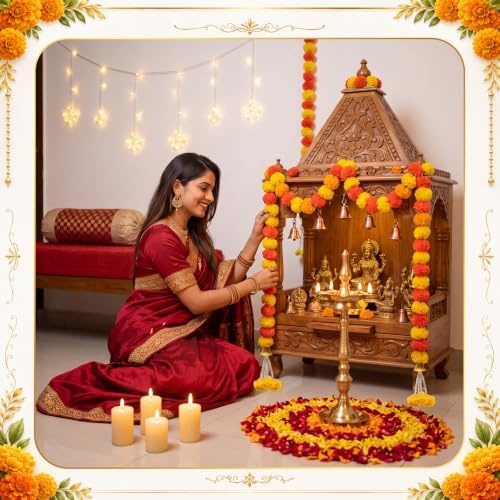 Gerrii Diwali Decorations 4 Pcs 5' Marigold Garland with 11.5' String Light - Image 6