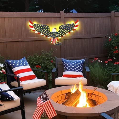 23" American Eagle Metal Wall Art with Solar Lights Outdoor Decorative - Image 6