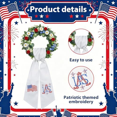 Moukeren 2 Pcs 4th of July Wreath Sash for Front Door Patriotic Embroidered Monogram Wreath Sash Red Blue White Flag Garland Belt Decor for Independence Day Memorial Day Yard Porch - Image 4