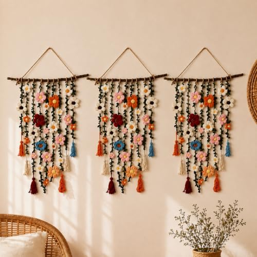 Bohemian Crochet Flowers Wall Decor Handmade Macrame Hanging (3PCS) by Bejoyso