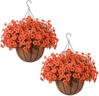 Hananona 24 Pcs Artficial Outdoor Flowers with Hanging Baskets, Orange Fall mums 2 Pack Hanging Planter with Outdoor Fall Flowers for Autumn Porch Garden and Home Patio Yard Decor (2, Orange) by HANANONA
