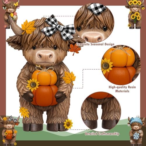 Simgoing 4 Pcs Seasonal Highland Cow Figurines, Spring Summer Fall Winter Gnomes 4 Seasons Highland Cow Home Decor Table Centerpieces Scottish Resin Statue Calf Gifts for Home Garden Kitchen Office - Image 4