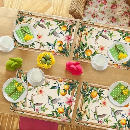 Farmhouse Lemon Placemats Set of 6 Rustic Flowers Hummingbirds Table Mats Bird Place Mats Decor Imitation Linen Heat Resistant Tablecloth for Dining Decorations Kitchen Party Restaurants 12''x18'' - Image 3