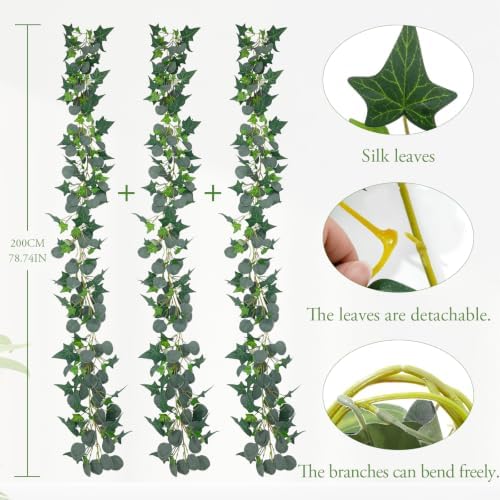 ucky Fake Vines, Eucalyptu Vines Garland, Ivy Vines, Green Artificial Wall Decor Hanging, Wedding Decoration，Flower Bouquet Decoration (4, Eucalyptus & Ivy Vine) - Image 2