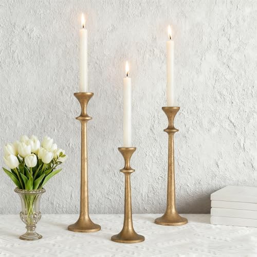 Gold Taper Candle Holders Set of 3 Heavy Cast Iron Antique Brass Candlestick Holder for Table Centerpiece Vintage Decorative Candelabra for Home Decor Fireplace Wedding Holiday Christmas Halloween by Novyxis