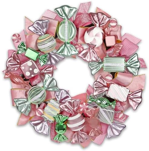 20" Christmas Wreath with Candies Pink & Gold Bow for Home Front Door Decor by NatureCrafted