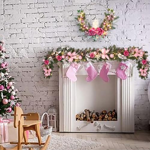 6 feet Christmas Pink Garland for Front Door with 30 LED Lights,Festive Lighted Holiday Decor,prelit Mantel Garland withTimer,Stair and Fireplace Pink Rose Decoration for Christmas and Wedding - Image 2