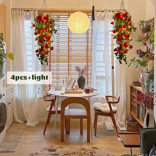 RECUTMS 4Pcs Artificial Red Rose Fake Hanging Flowers Plants with Lights - Image 5