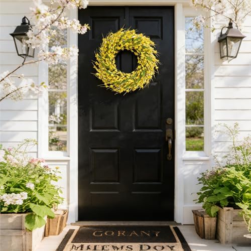 idyllic 22 Inch Spring Yellow Forsythia Leaf Wreath, for Front Door Window Porch Living Room Mantel Farmhouse Spring Home Decor Gift - Image 6