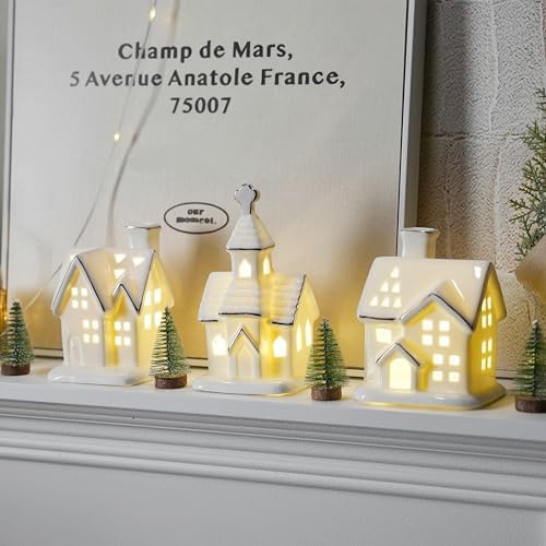 White Christmas Village Houses, Glazed Ceramic Houses with Xmas Trees Set - Image 6