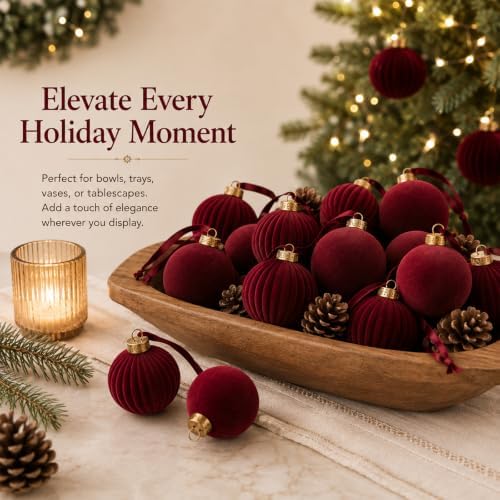 Pinkunn 24 Pcs Velvet Burgundy Christmas Ball Ornaments 2.36 Inch - Image 2