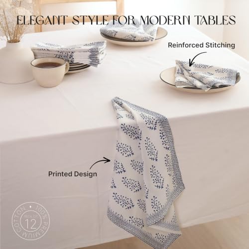 Floral Cloth Napkins Set of 12, Block Print Inspired 100% Cotton Dinner Napkins for Thanksgiving, Christmas & Fall, Reusable Wedding Linens, 18 x 18 Inch, Blue and White Botanical - Image 2