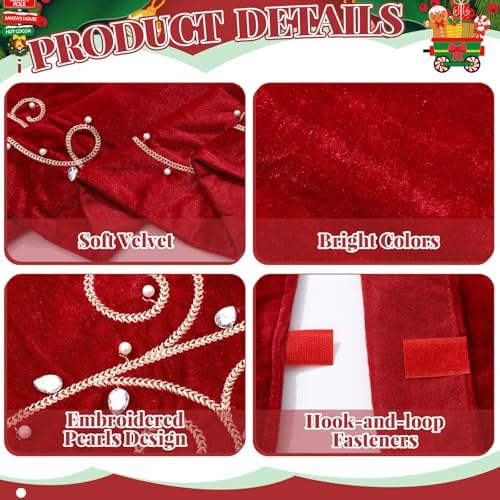 60inch Extra Large Christmas Tree Skirt Red Luxury Velvet Plush Fur Skirts Baroque Tree Skirts with Gold Embroidered Pearls and Crystals Trees Skirt for Christmas Holiday Party Home Decorations - Image 3