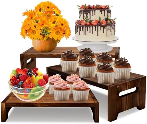 MRPAPA 3 Tier Cupcake Stand & Wood Display Risers,for Food Desserts Stand Perfume Organizer Funko POP Collections, Display Stand for Organizer and Decoration (Dark Brown-Display Riser) by MRPAPAMakeLifemoreEasy