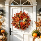 Autumn Harvest Wreath for Front Door 26 Inch, Fall Decor with Orange Dahlias Maple Leaves Berries Hydrangeas, Thanksgiving Halloween Wreaths for Front Door Grapevine Twig - Image 7