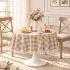 Beige Gingham 60 Inch Round Tablecloth (Fits 30-48" Table) - Image 2
