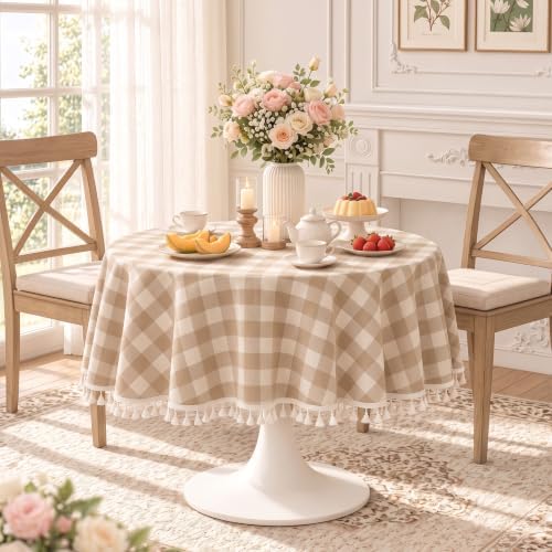 Beige Gingham 60 Inch Round Tablecloth (Fits 30-48" Table) - Image 2
