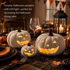 Set of 3 Halloween Decor Ceramic Pumpkins Lighted Jack O Lanterns - Image 5