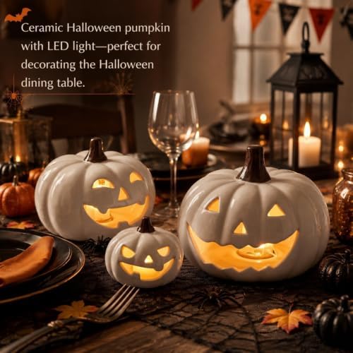 Set of 3 Halloween Decor Ceramic Pumpkins Lighted Jack O Lanterns - Image 5
