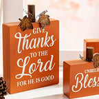 Glitzhome 3 Pack Fall Wooden Table Signs Farmhouse Thanksgiving Wood Blocks for Table Decorations Give Thanks to The Lord Thanksful Grateful Blessed Centerpiece for Tiered Tray Decor - Image 3