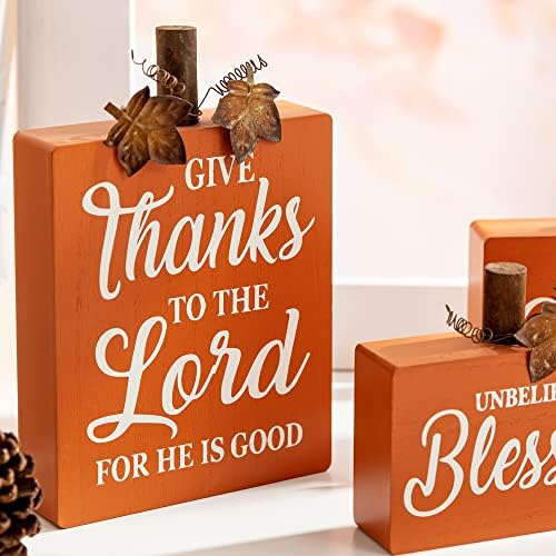 Glitzhome 3 Pack Fall Wooden Table Signs Farmhouse Thanksgiving Wood Blocks for Table Decorations Give Thanks to The Lord Thanksful Grateful Blessed Centerpiece for Tiered Tray Decor - Image 3
